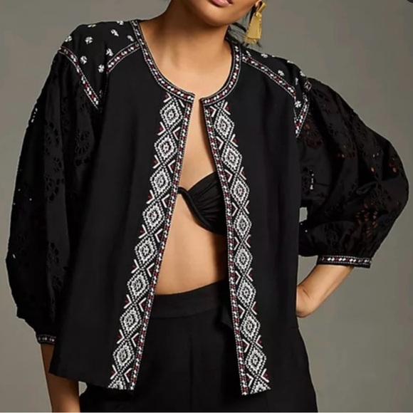 Anthropologie Black Jacket with Red and White Embroidery - Picture 1 of 6